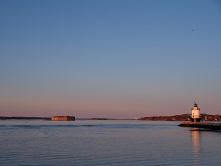 Sunset on Casco Bay in South Portland Maine overlooking the old fort