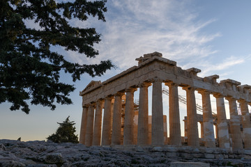 Parthenon Temple in Acropolis of Athens, Greece. Golden hour light.