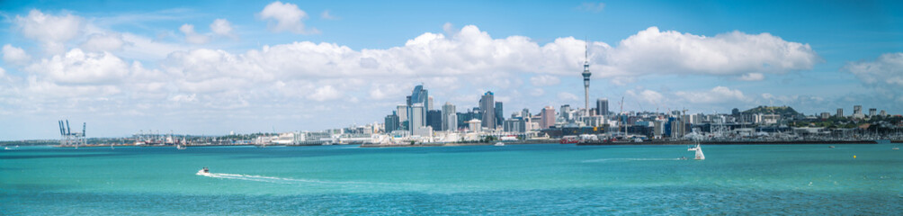 Panorama of Auckland City Waterfront and the Waitemata Harbour on a Bright Summer Day