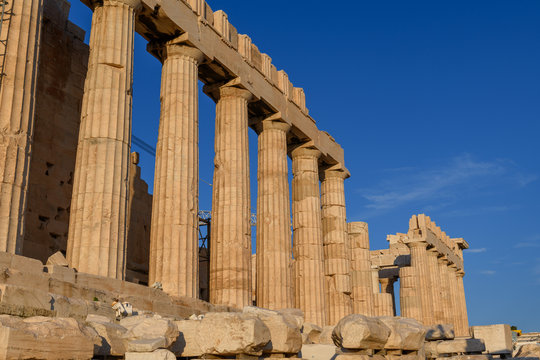 Parthenon Temple in Acropolis of Athens, Greece. Golden hour light.