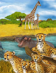 cartoon scene with cheetah resting and hippo swimming illustration for children