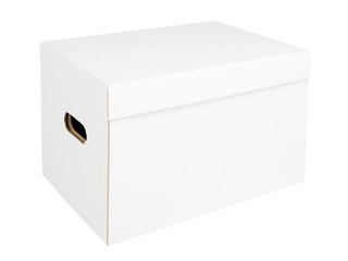 White cardboard archive storage box isolated on white background. Box packaging mockup