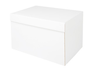White cardboard box isolated on white background. Blank box packaging mockup