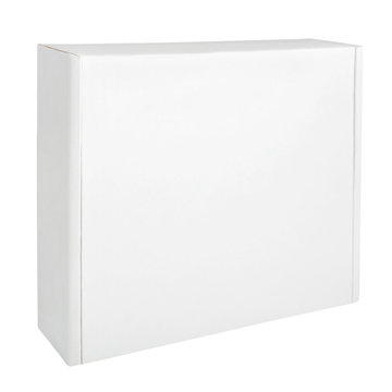 White thin cardboard box isolated on white background. Blank box packaging mockup. Front view