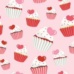 Seamless vector pattern with vanilla, chocolate, and red velvet Valentine’s Day cupcakes with sprinkles and candy hearts on a pink background. Cute food illustration for packaging, gifts, holidays.