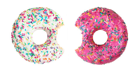 Set of two bitten donuts decorated with colorful sprinkles isolated on white background