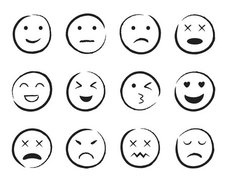 Emiji smile face hand drawn style. Happy, sad, angry face doodle icon. Emoji for social media. Cartoon people faces on isolated background. Expression emotion line style. Design vector