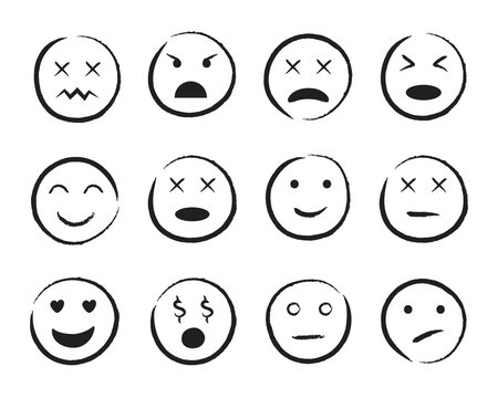 Emiji smile face hand drawn style. Happy, sad, angry face doodle icon. Emoji for social media. Cartoon people faces on isolated background. Expression emotion. Set of mood. vector illustration