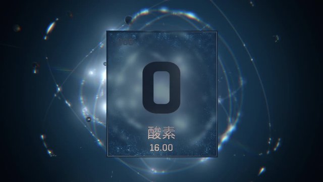 Oxygen as Element 8 of the Periodic Table. Seamlessly looping 3D animation on blue illuminated atom design background orbiting electrons name, atomic weight element number in Japanese language