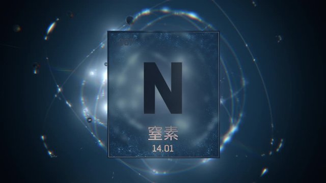 Nitrogen as Element 7 of the Periodic Table. Seamlessly looping 3D animation on blue illuminated atom design background orbiting electrons name, atomic weight element number in Japanese language