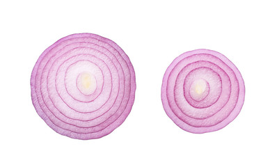Sliced red onion rings  isolated on white background top view.