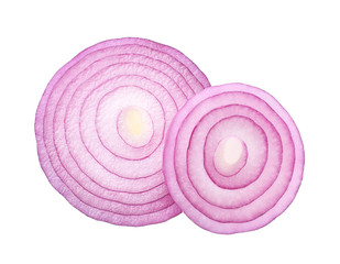 Sliced red onion rings  isolated on white background top view.