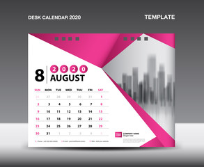 Desk Calendar 2020 Template vector, August 2020, Week starts Sunday, Stationery design, flyer design vector, printing media creative idea design. Pink polygonal background concept, publication