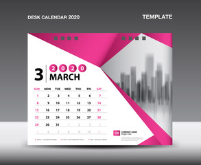 Desk Calendar 2020 Template vector, March 2020, Week starts Sunday, Stationery design, flyer design vector, printing media creative idea design. Pink polygonal background concept, publication