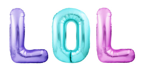 Word LOL made of colorful inflatable balloon letters isolated on white background. Helium balloons forming word LOL