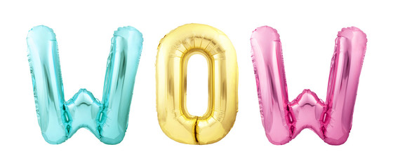 Word wow made of colorful inflatable balloon letters isolated on white background. Helium balloons forming word wow - obrazy, fototapety, plakaty