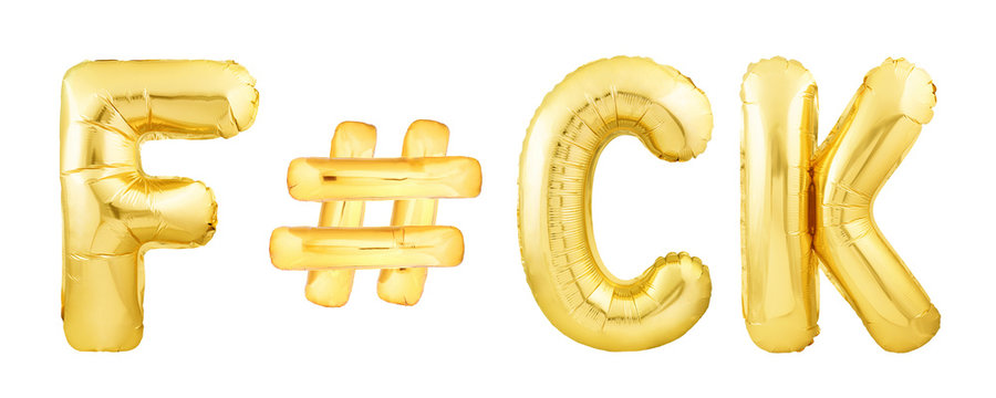F-word made of golden inflatable balloon isolated on white background. Helium balloons forming f-word