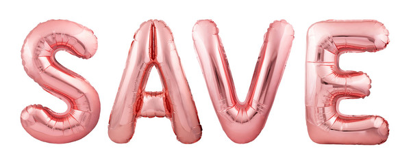 Word save made of rose gold inflatable balloon letters isolated on white background. Helium balloons forming word save