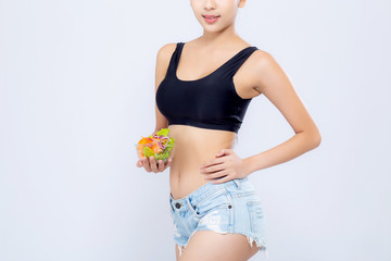 Closeup body beautiful asian woman holding salad vegetable food isolated on white background, girl touch waist and diet vegetarian for healthy, health care or wellness concept.