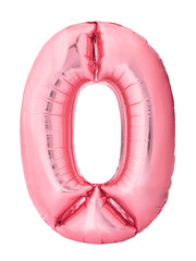 Number 0 zero made of rose gold inflatable balloon isolated on white background. Pink helium...
