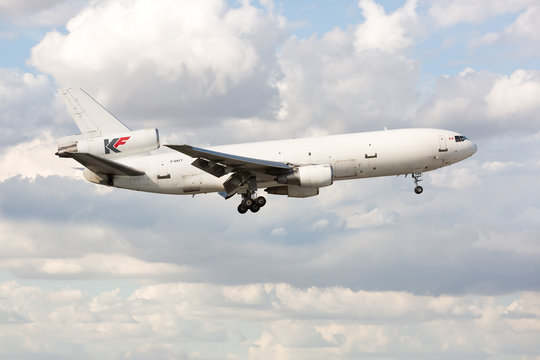 MIAMI, USA - November 21, 2016: A KF Cargo DC-10 Aircraft aproaching the Miami International airport. KF Cargo is a cargo airline based in Kelowna, British Columbia, Canada.