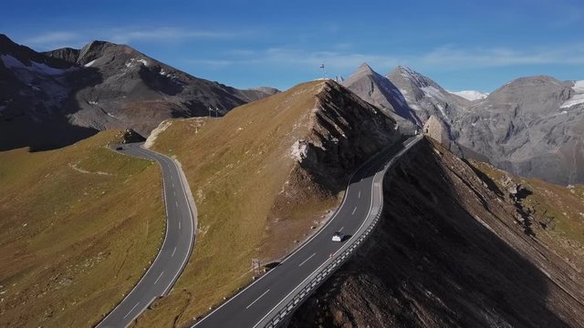 Flight over of Fuscher Torl pass on Grossglockner scenic High Alpine Road, Austria