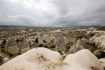 Goreme, Turkey - 09/15/2019: Volcanic rocks of an unusual shape in the vicinity of the village of Goreme in the Cappadocia region in Turkey.