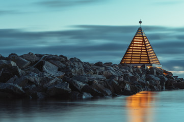 An evening view of harbour navigation lights on Vrångö island, Sweden