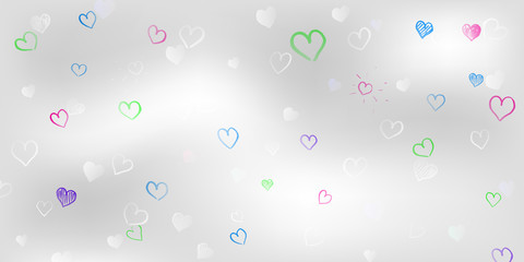 Background of small white and colored hand drawn hearts on gray background. Illustration on Valentine's day