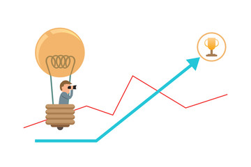 A man in hot air balloon aiming to his success goal trophy with graph. Isolation vector illustration on white background.