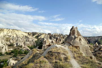 Unusually shaped volcanic rocks near the village of Goreme in the Cappadocia region of Turkey.