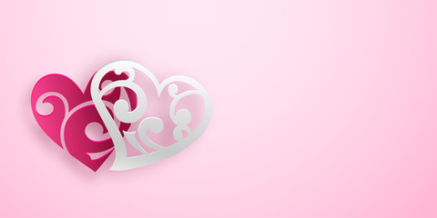 Valentine's day card with red and white hearts with curls and shadows on pink background