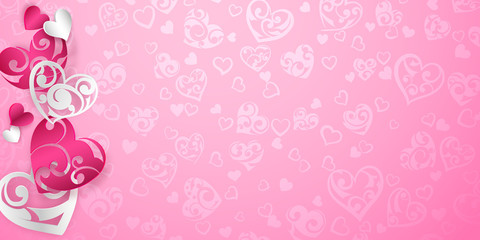 Valentine's day card with red and white hearts with curls and shadows on pink background