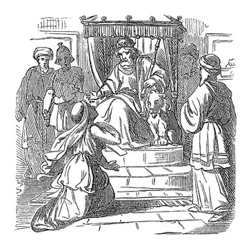 Vintage drawing or engraving of biblical story of Esther standing with Mordecai in front of throne of Persian king Ahausuerus or Xerxes.Bible, Old Testament,Esther. Biblische Geschichte , Germany 1859