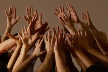 Human hands are raised. Group of people raising their hands. Freedom hands - obrazy, fototapety, plakaty