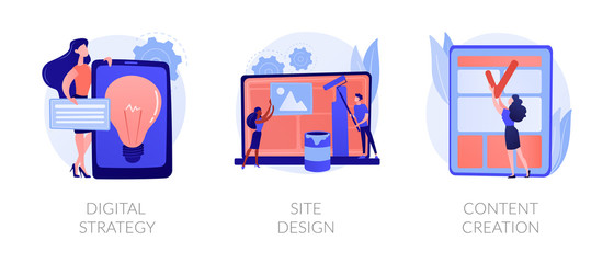 Creative writing, web development and mobile advertising flat icons set. Outbound marketing. Digital strategy, site design, content creation metaphors. Vector isolated concept metaphor illustrations