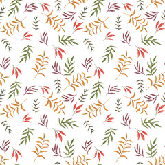 Watercolor floral seamless pattern on white background. Hand draw illustration. Silhouettes of various leaves. Perfect for craft projects, paper products, party decorations, printable, greeting card.