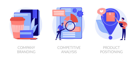 Corporate identity, Business marketing strategy development flat icons set. Company branding, competitive analysis, product positioning metaphors. Vector isolated concept metaphor illustrations