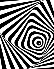 Abstract twisted black and white background. Twisted stripes. Optical illusion of distorted surface. Stylized 3d tunnel. Vector illustration. Great for banner, web, wall art and poster.
