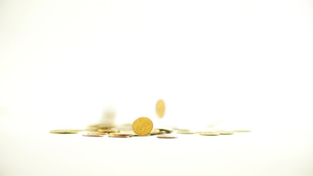 White-gloved hands scooping up a pile of gold coins. They sort out and scatter money.On white background. Garland. Money glitters.