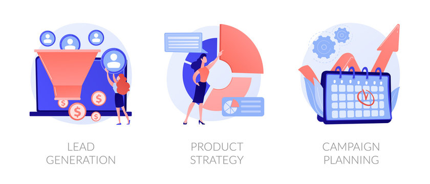 Marketing industry icons set. Potential client targeting, advertising business. Lead generation, product strategy, campaign planning metaphors. Vector isolated concept metaphor illustrations