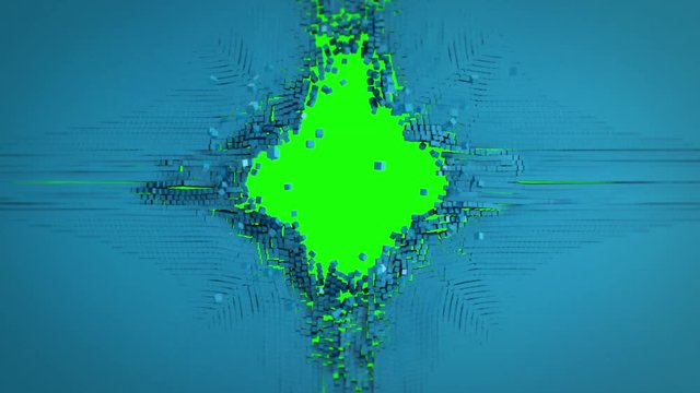 The cubes are falling apart and the green screen appears. To place logo or for text