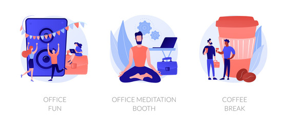 Stress relief web icons cartoon set. Employees characters at corporate party. Office fun, office meditation booth, coffee break metaphors. Vector isolated concept metaphor illustrations