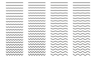 Set of wavy curved and zig zag criss cross horizontal lines on white background. Vector illustration.