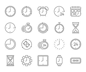 Simple big set of time related vector gray line icons. Contains such Icons as timer, speed, alarm, restore, time management, calendar and more. Vector illustration.