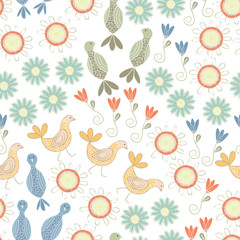 Vector Blue Orange Yellow and Green Birds and Flowers on White Background Seamless Repeat Pattern. Background for textile, book covers, manufacturing, wallpapers, print, gift wrap and scrapbooking.
