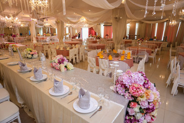 Dining table decorated for weddings held in Malaysia. The decoration is decorated by caterer.