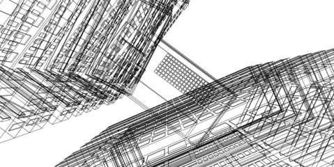 Modern architecture, 3D wireframe architecture, Sketch architectural design.