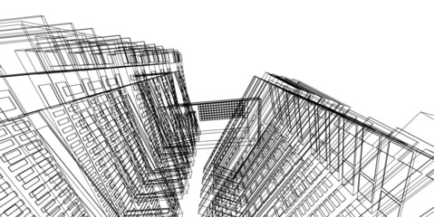 Modern architecture, 3D wireframe architecture, Sketch architectural design.