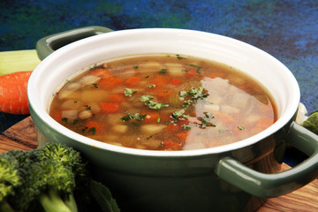 Soup, Vegetable Soup, Bowl. Traditional hot veggie soup